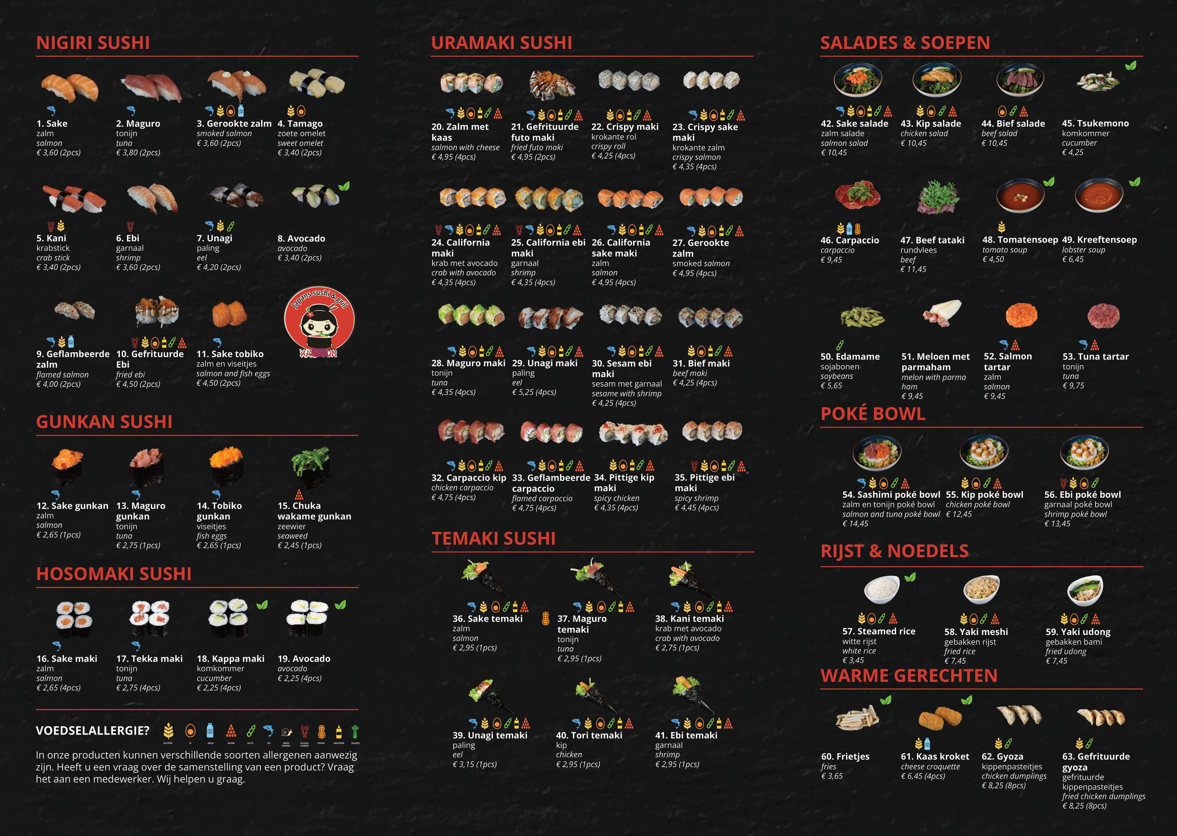 Afhaalkaart Haoyun met prijzen, voorzijde: sushi, salades, poké en rijst